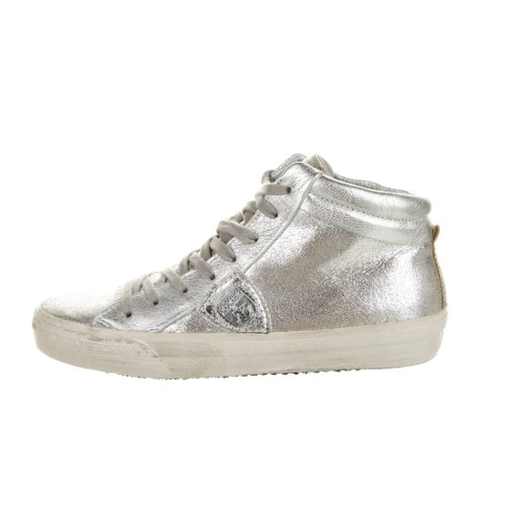 Philippe Model Shoes - PHILIPPE MODEL Distressed Silver Leather Hightop Sneakers
